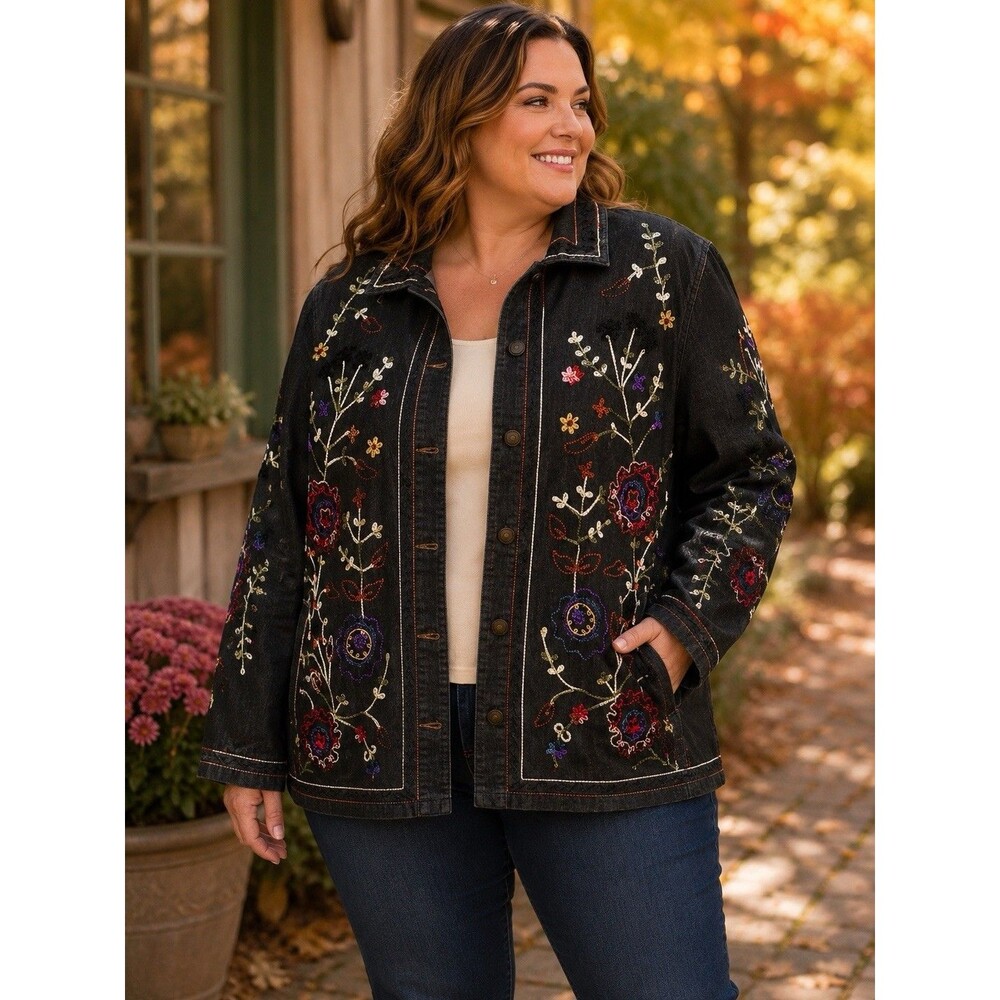 Denim & Co. Black Floral Embroidered Button Front Collared Jacket 1X Relaxed